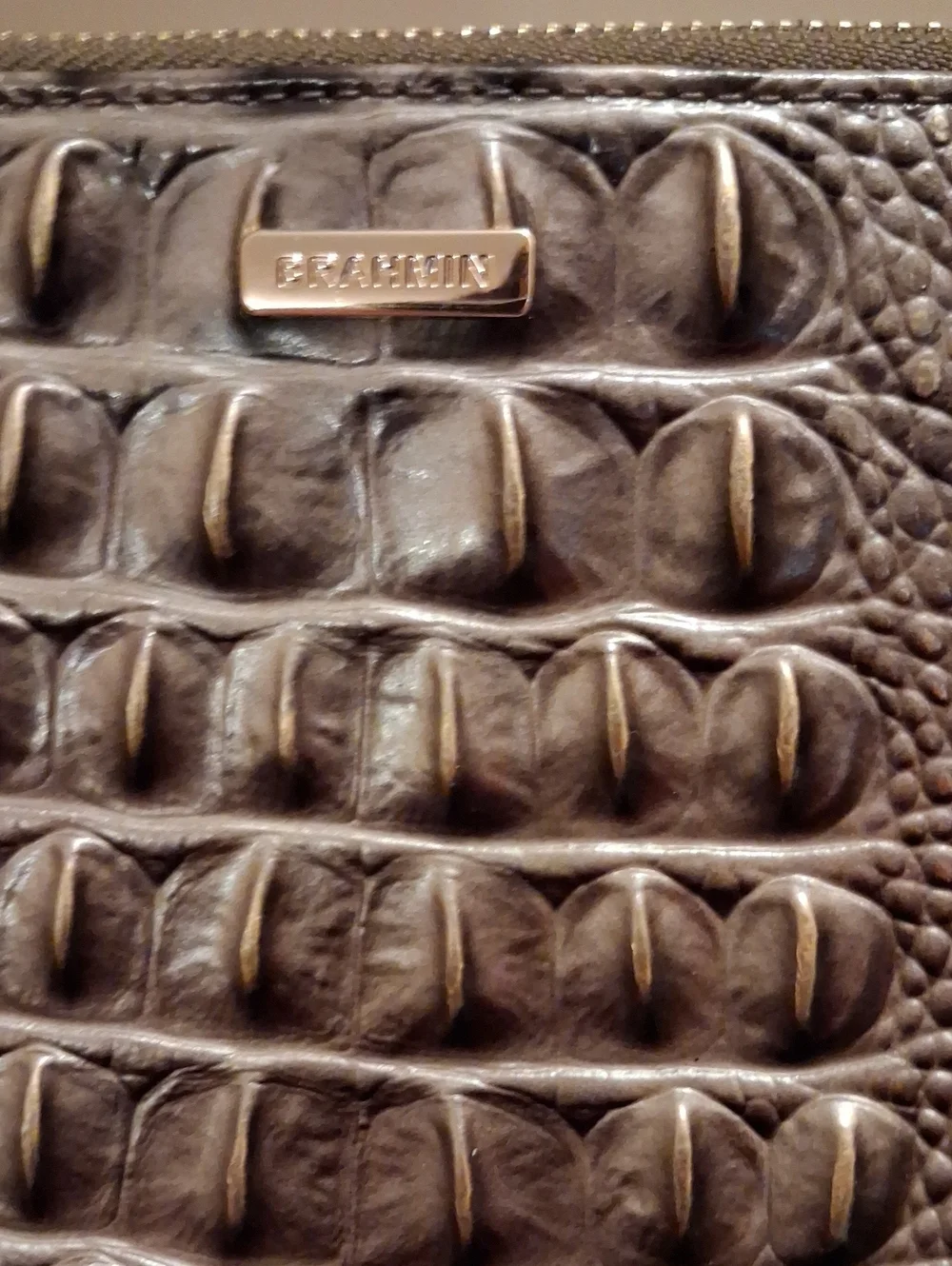 Brahmin Daisy leather wristlet.brown with gold hues.